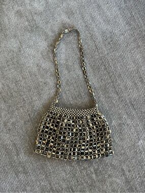 Metallic Beaded Evening Shoulder Bag - Silver